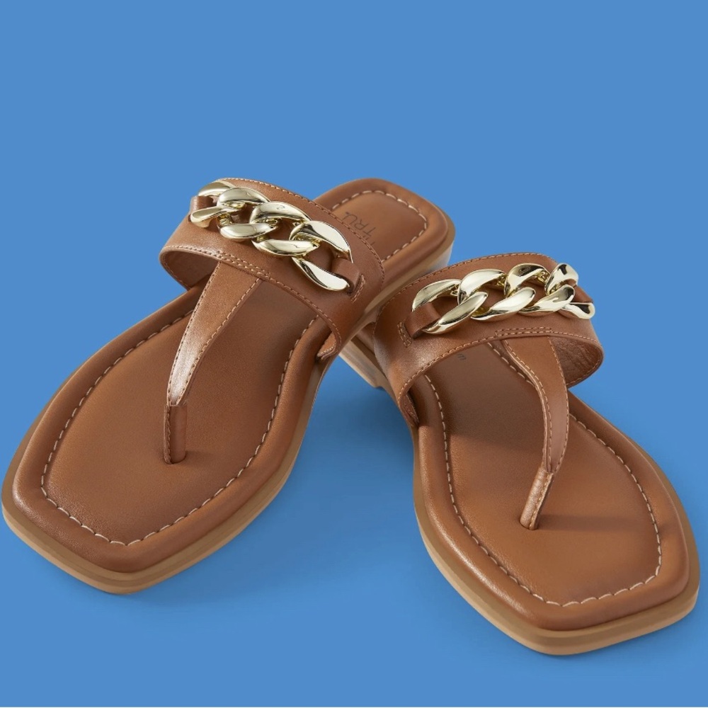 Time and Tru Women's T-Strap Sandals with Chain Accent, Size 7-1/2